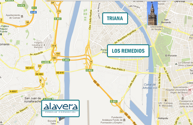 Mapa Alavera parque comercial con Sevilla como referencia