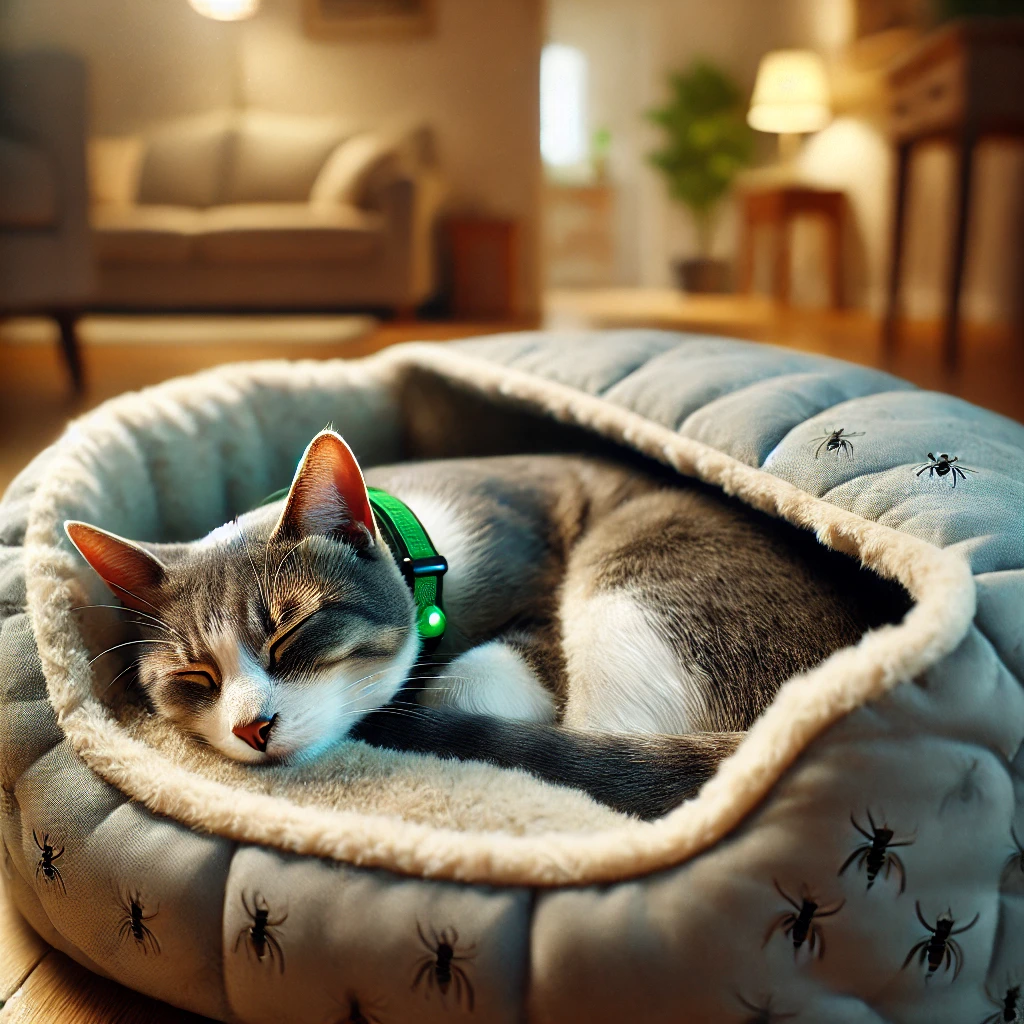 gato con collar antiparasitario durmiendo en su cama