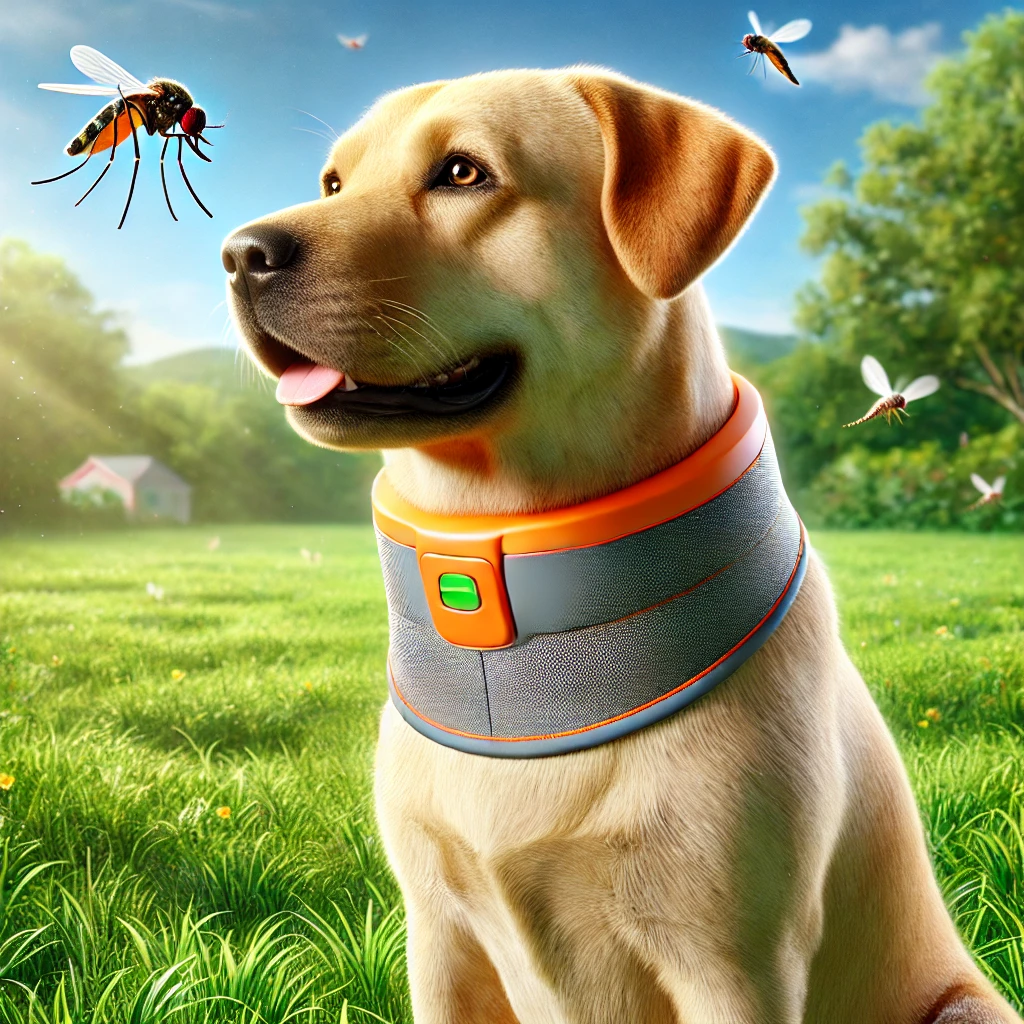 Perro usando collar antiparasitario para ahuyentar mosquitos