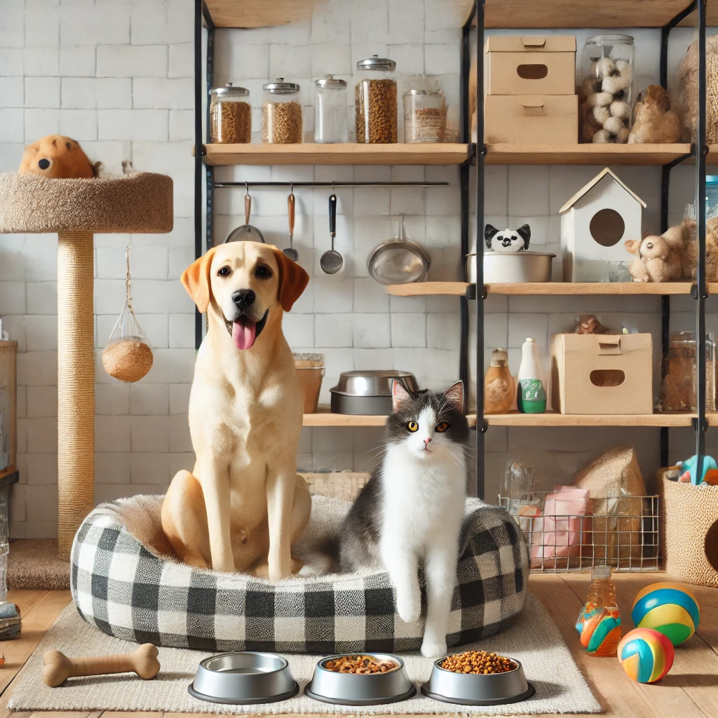 perro y gato frente a sus accesorios para mascotas