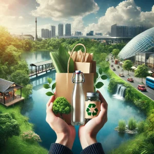 DALL·E 2024-11-14 09.47.32 – A conceptual image of sustainable shopping at a commercial park, showing a hand holding eco-friendly products like a reusable shopping bag, a glass bo