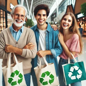 DALL·E 2024-11-14 09.52.19 – A family or group of friends happily shopping with reusable bags, choosing eco-friendly products in a store. They are smiling and enjoying their shopp