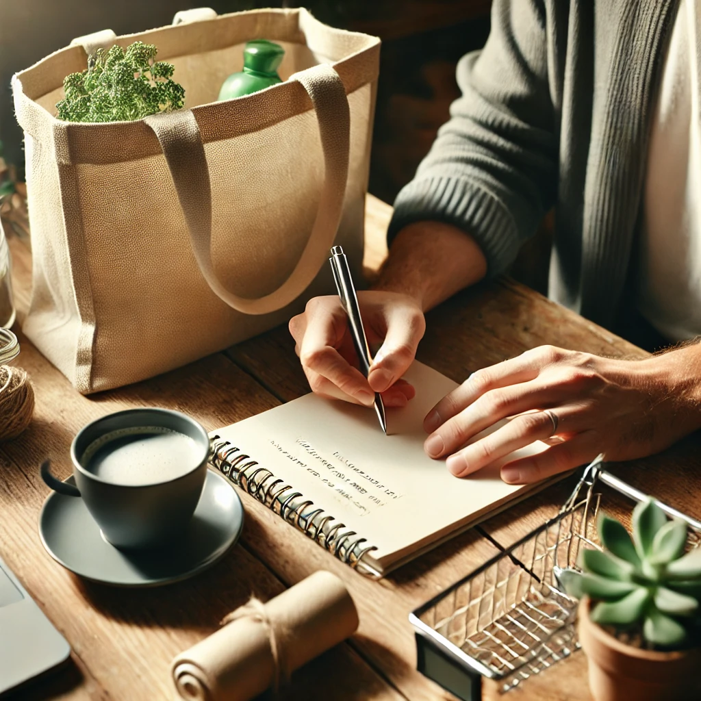 persona haciendo una lista de la compra con productos eco