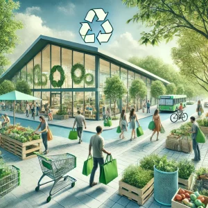 DALL·E 2024-11-14 09.59.45 – A conceptual image representing sustainability and responsible consumption. The scene should show people shopping at a commercial park, choosing eco-f