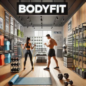 DALL·E 2024-11-20 09.39.41 – A realistic image featuring a modern fitness store with the logo of BodyFit prominently displayed. The scene shows a well-lit interior filled with equ