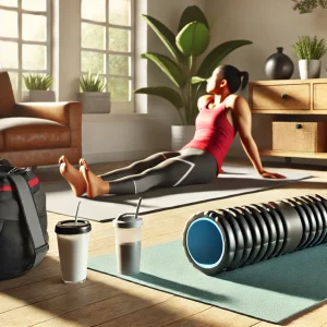 DALL·E 2024-11-20 09.50.01 – A realistic image showing the concept of muscle recovery after strength and resistance exercises. The scene features a person relaxing on a yoga mat a