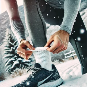 DALL·E 2024-12-02 09.59.10 – A single image showcasing a runner putting on a base layer of thermal underwear in a snowy outdoor setting, preparing for winter running. The focus is