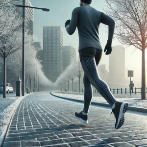 DALL·E 2024-12-02 10.01.25 – A realistic scene of a person running on a city street in winter. The runner is dressed in appropriate winter gear, including thermal leggings, a long