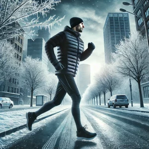 DALL·E 2024-12-02 10.03.15 – A realistic winter scene of a person running on a city street. The runner is wearing thermal gear, including leggings, a jacket, gloves, and a beanie,