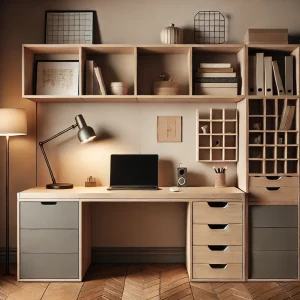 DALL·E 2024-12-02 10.09.58 – A stylish, compact desk with built-in storage in a cozy home office setup. The desk is placed against a well-lit wall, with shelves and drawers integr