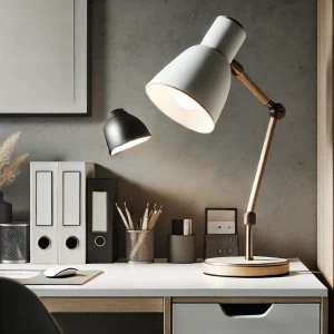 DALL·E 2024-12-02 10.10.55 – A modern desk lamp in a minimalistic home office setting. The lamp serves both as a source of light and a stylish decorative element, placed on a clea