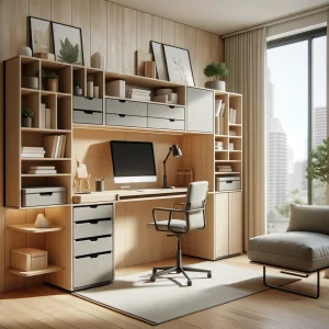 DALL·E 2024-12-02 10.22.20 – A beautifully designed home office featuring versatile furniture. The setup includes a compact desk with built-in shelves, a modular storage unit that