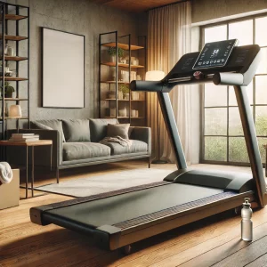DALL·E 2025-02-26 10.35.56 – A realistic image of a home treadmill in a modern living room. The treadmill is sleek and compact, with a digital display and handrails. The room has